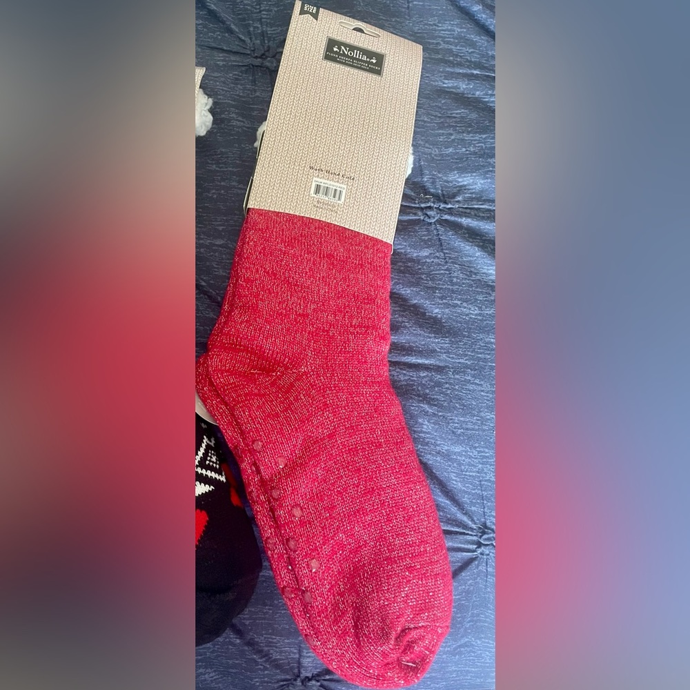 Women's Red plush sherpa slipper socks. One size fits all.